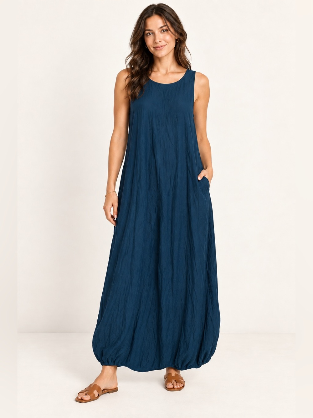 Zara Teal Blue Sleeveless Bubble Hem Maxi Dress Boho Lagenlook Size L